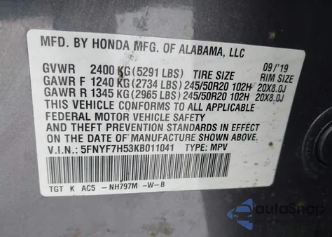 2019 Honda Passport Ex-L z USA, uszkodzony, nr VIN 5FNYF7H53KB011041